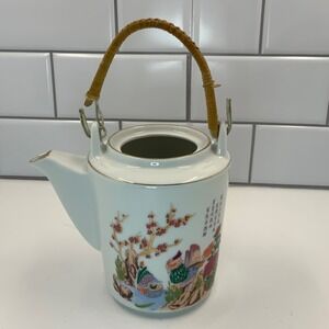 Vtg Tatung Porcelain Teapot Mandarin Ducks Floral Bamboo Handle Taiwan No Lid